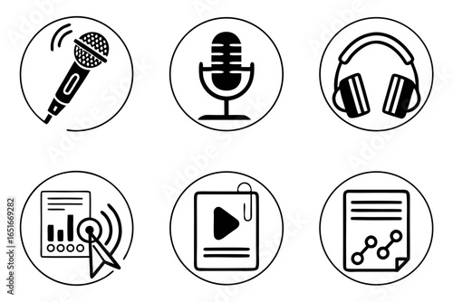 Podcast and audio recording equipment isolated on white background