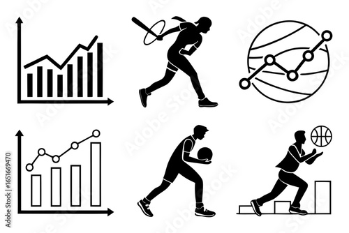 Black and white icons representing business graphs and sport players