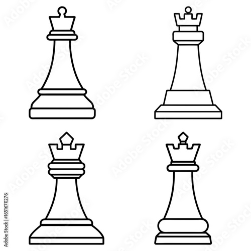 Four outlined chess pieces including king, rook and queen in simple vector illustration style art