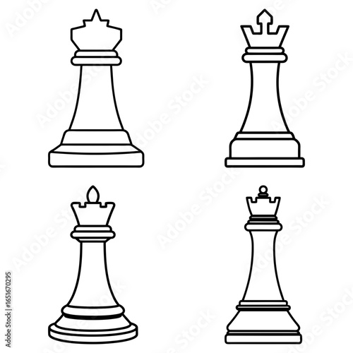 Four chess pieces depicted in outline including two queens and two kings on a white background