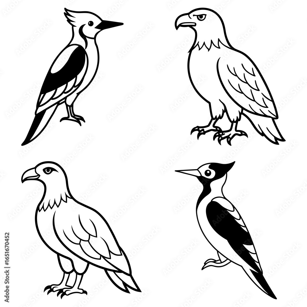 Fototapeta premium Illustration showcasing four distinct bird species including eagles and woodpeckers in a simple black outline