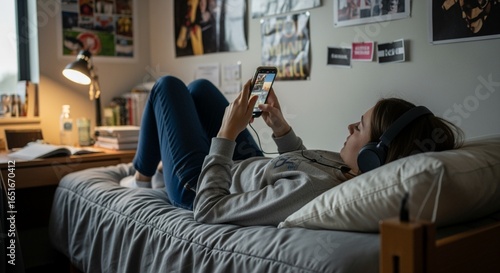 Woman student listening to music with headphones in dormitory room.