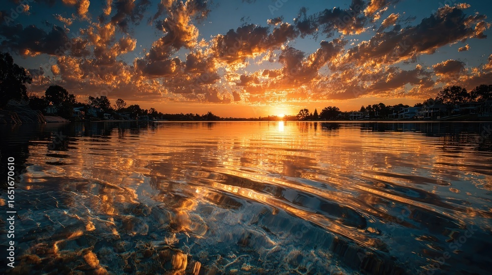 Fototapeta premium Sunset sky reflecting on gently rippled water