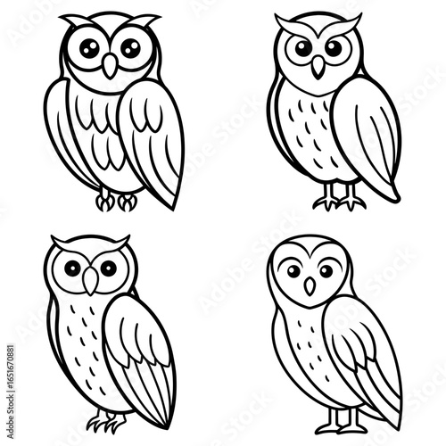 Four outlined owls in various poses with different feather patterns and facial expressions displayed nicely