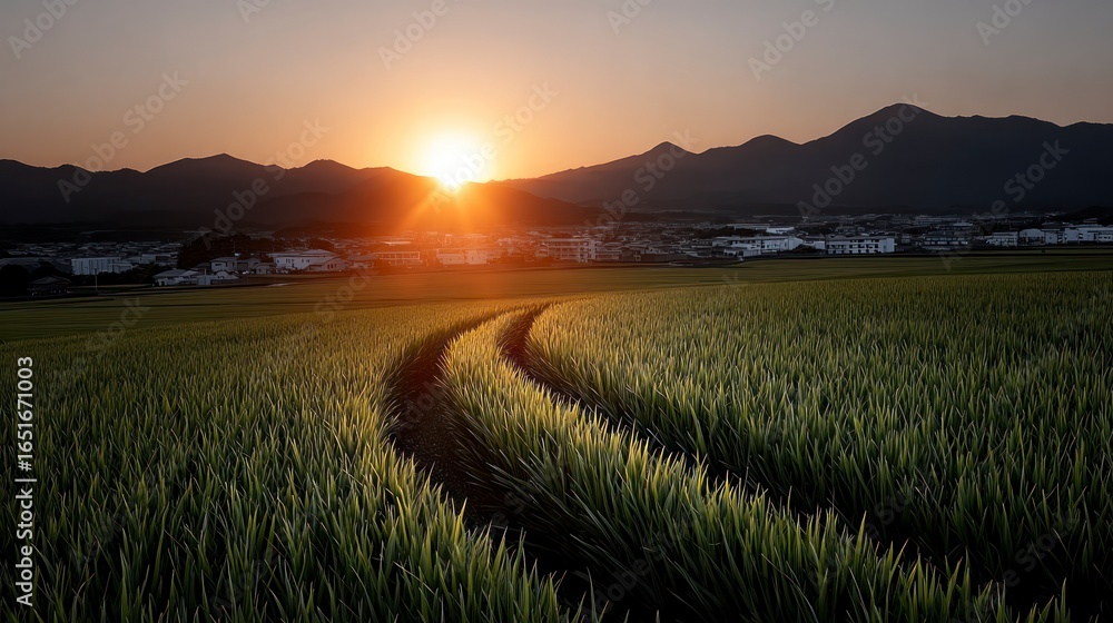 Fototapeta premium Lush green field with a curving path leading to a distant village under a dramatic sunset sky