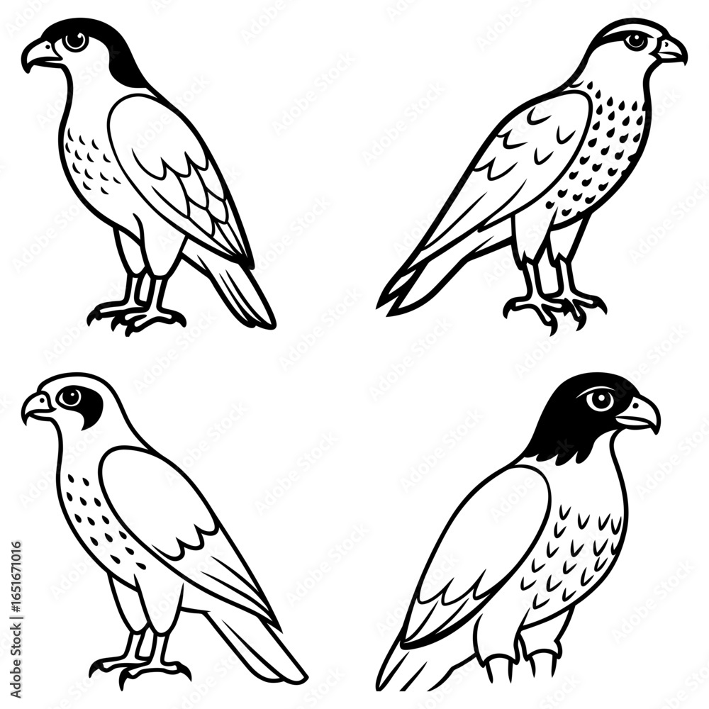 Fototapeta premium Four outlined falcon illustrations in different poses with varied feather detailing and head markings