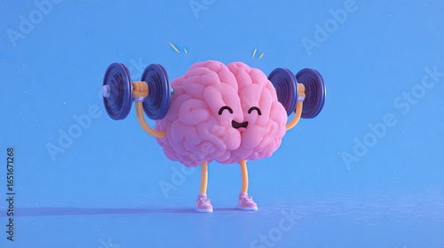 A brain character lifting weights, symbolizing mental exercise.
