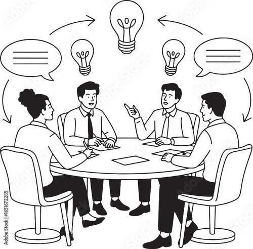 Diverse team brainstorming ideas around a circular table with lightbulbs and speech bubbles meeting business