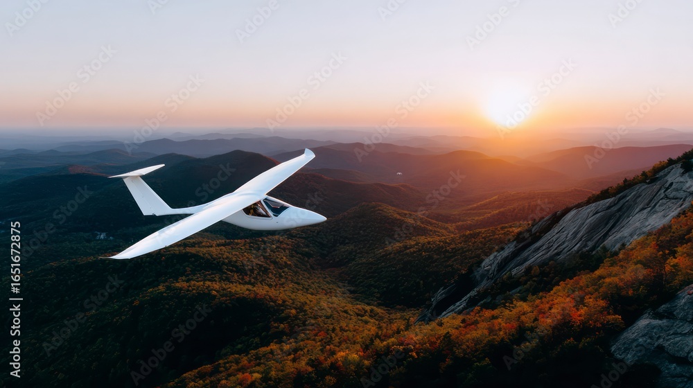 Fototapeta premium White glider flying over mountainous landscape at sunset autumn foliage visible