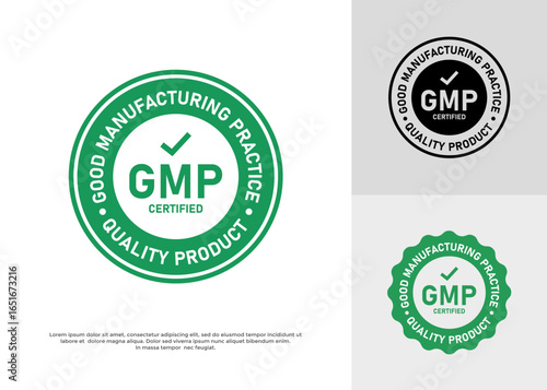GMP and a checkmark within a green circular badge template. Suitable for use on product packaging, websites, and promotional materials in the food, pharmaceutical, and cosmetic industries 