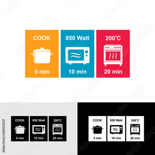 Cooking instructions for various methods, including stovetop, microwave, and oven logo vector sets. Suitable for food packaging label