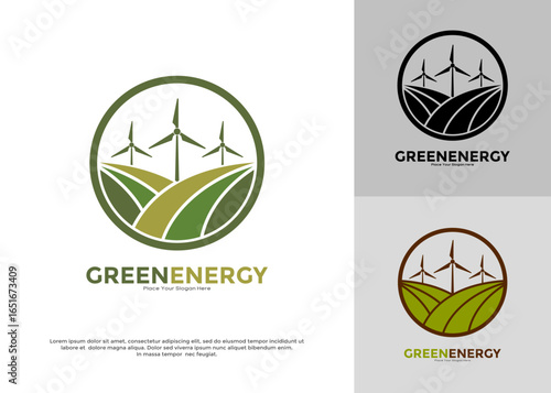 Green energy with wind turbines on rolling hills logo vector template. Suitable for companies in the renewable energy sector, organizations promoting eco-friendly practices and clean technology