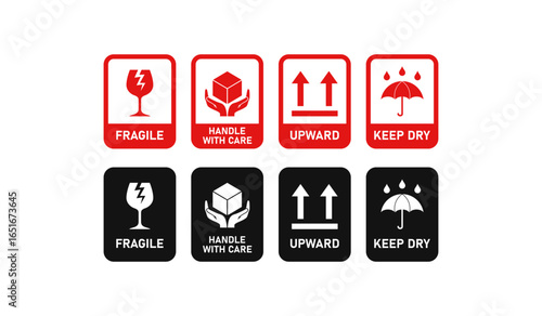 Fragile (broken glass), Handle with Care (hands holding a box), Upward (arrows pointing up) icons set, and Keep Dry (umbrella with raindrops). For handling packages delivery and transportation