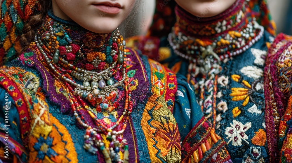 Fototapeta premium Beautiful Woman in Traditional Colorful Ethnic Costume with Ornate Headpiece