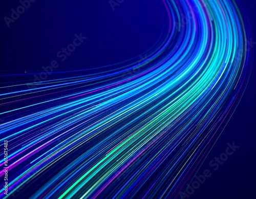 Abstract curves of vibrant, glowing lines on a dark blue background