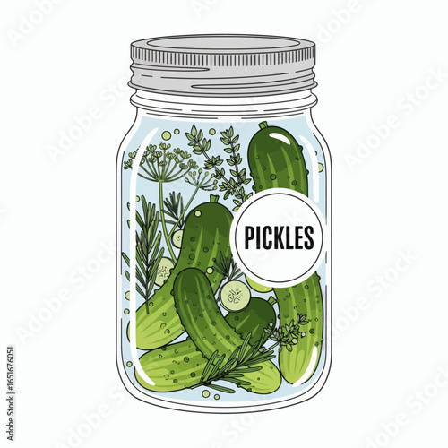A tall glass jar containing green cucumbers dill and herbs in light blue liquid with a circular PICKLES label