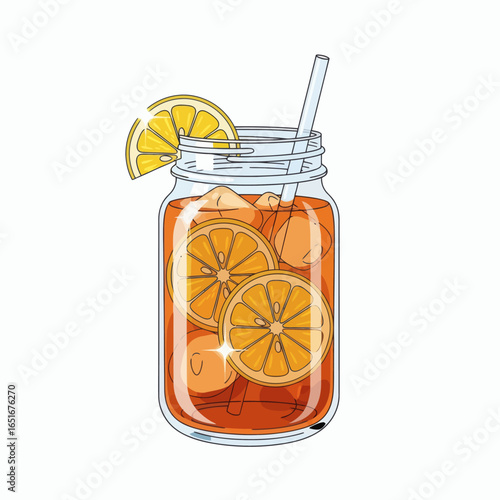 Illustration of an iced orange drink in a mason jar with lemon and orange slices and a straw on white