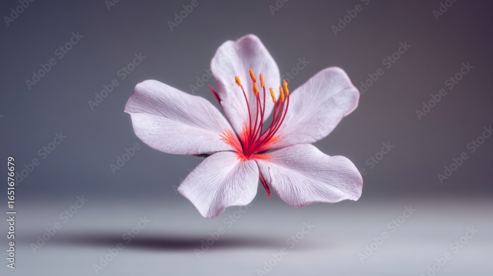 Obraz premium Close up of a delicate light purple flower with vibrant red stamen and yellow pollen against a neutral gray background