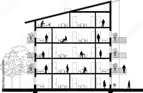 Architectural section drawing of a modern multi story building with people working and living inside