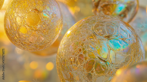 An artistic view of iridescent bubbles floating in sunlight
