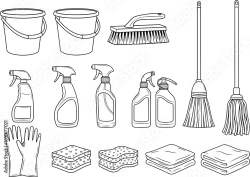 Collection of hand drawn cleaning supplies including buckets brushes spray bottles and mops isolated on white background for design