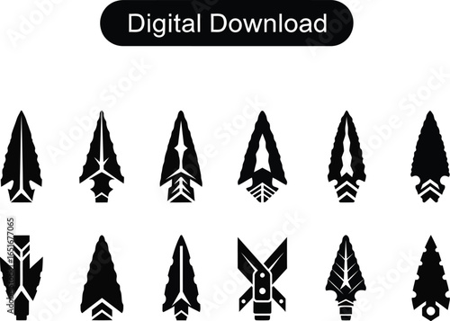 Collection of diverse futuristic arrowhead silhouettes with a digital download label and grunge texture overlay