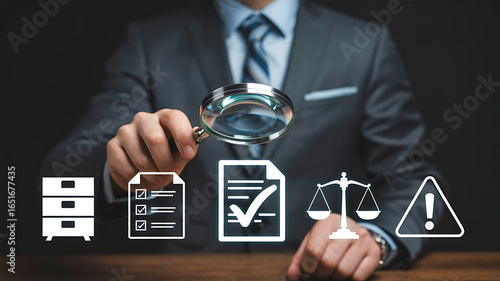 Businessman examining legal documents and compliance icons with a magnifying glass for thorough inspection and analysis
