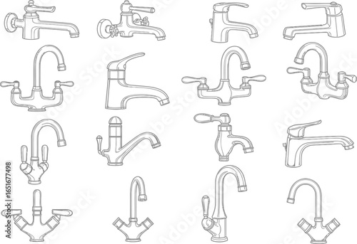 Collection of hand drawn black and white line art illustrations of various kitchen and bathroom faucets and taps