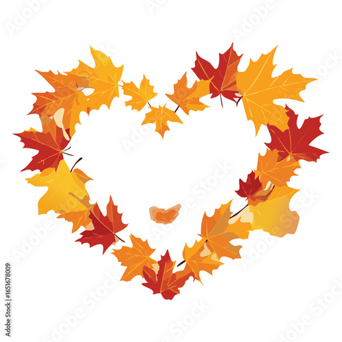 A lovely and romantic illustration of a heart shape made entirely of vibrant autumn leaves, perfect for a fall-themed love or greeting card
