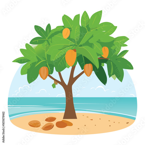 A beautiful drawing of a mangrove tree with a full canopy of leaves and ripe fruit