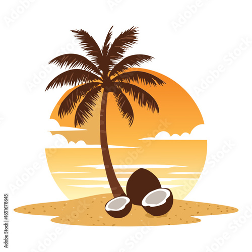 A simple and serene drawing of a tropical island beach with a lone palm tree