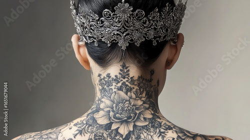 An elegant crown tattoo featuring intricate floral patterns