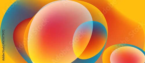 Abstract colorful circles overlap, creating vibrant gradients. Warm tones dominate, with hints of cool blues. Smooth transitions define shapes.
