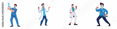vector set of a doctor, doctor assistant, nurse, and caregiver wearing medical work uniforms