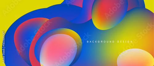 Abstract colorful shapes overlap, creating vibrant fluid design. Yellow background enhances visual impact. Modern aesthetic.