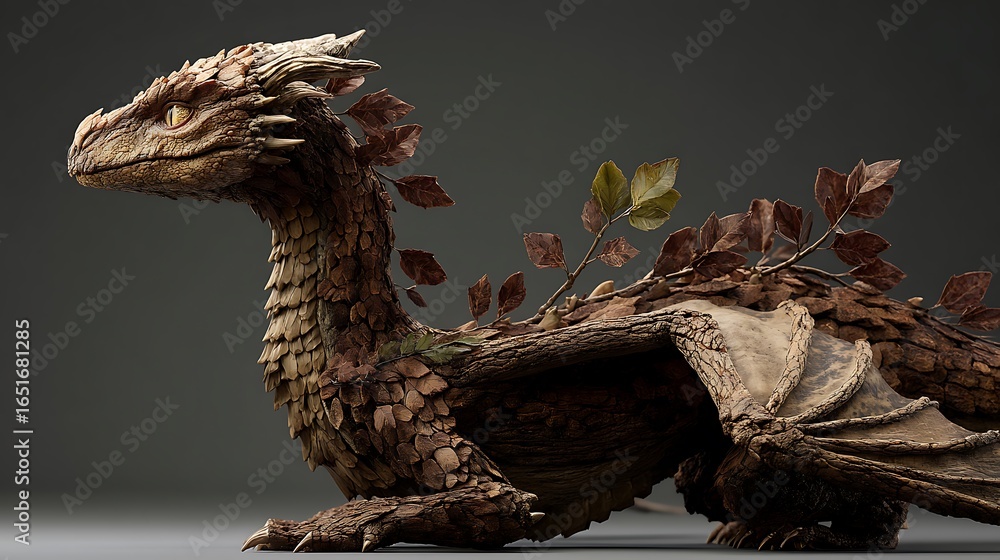 Obraz premium A dragon with tree bark for scales and leaves growing along its spine