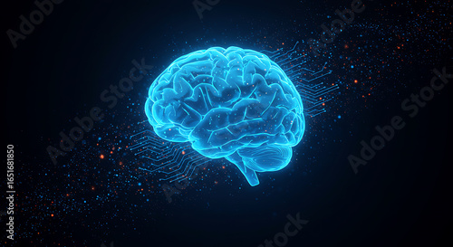 Glowing blue human brain hologram floating in dark space with digital particles and connections