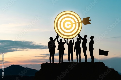 Team reaching glowing bullseye with arrow at sunset, collaboration, shared goals, success, achievement.