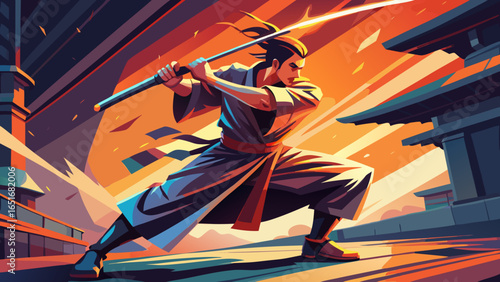 Stylized samurai warrior in action with raised sword