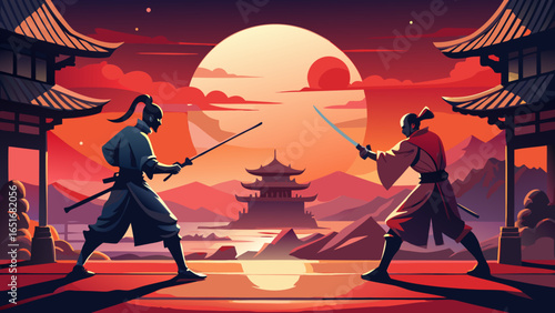 Two samurai duel with swords under a sunset backdrop