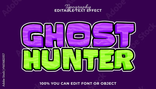 Ghost Hunter editable text effect in a playful cartoon style. Vector typography for game titles and Halloween designs.