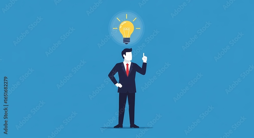 Obraz premium A businessman in a suit stands confidently with one finger pointing upwards, a light bulb shining above their head as a symbol of new ideas and creativity,