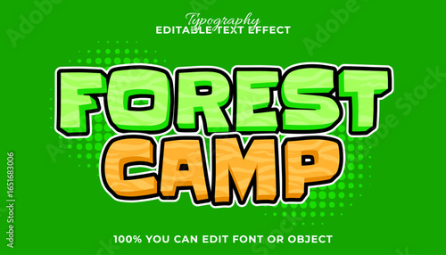 Wood texture Forest Camp text effect. Editable cartoon font style vector illustration for graphic design.