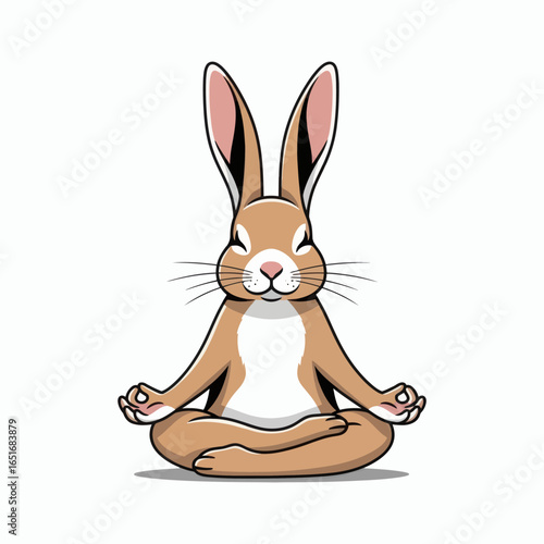 A brown and white cartoon rabbit sits calmly in a lotus position with eyes closed performing a meditation mudra