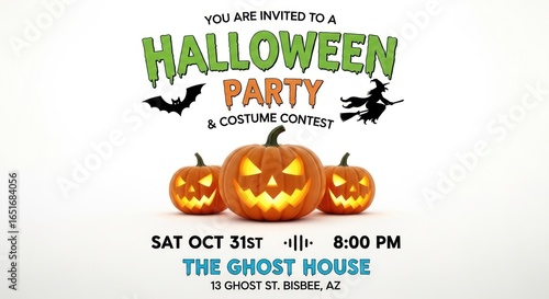 Halloween Party Invitation with Pumpkins, Bats, and a Witch Silhouette for a Costume Contest at The Ghost House on October 31st at 800 PM in Bisbee