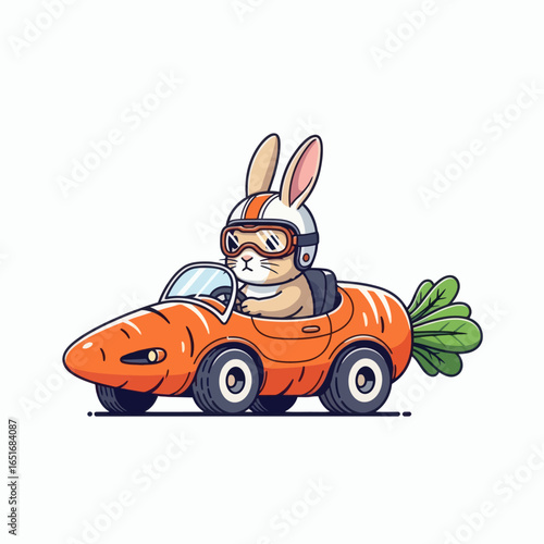 Illustration of a rabbit in a helmet and goggles driving an orange carrotshaped car