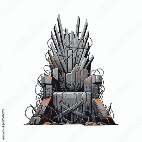 A formidable thronelike structure crafted from jagged grey material entangled with rusty barbed wire