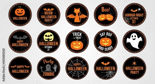 Halloween Vector Stickers with Pumpkins, Bats, Cats
