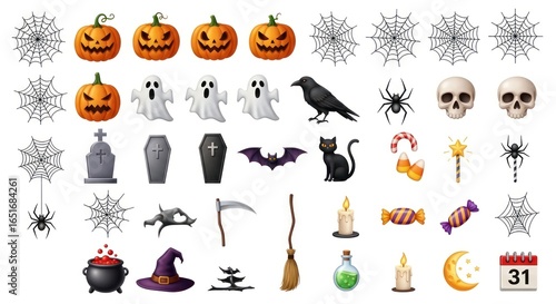 Halloween elements with pumpkins, ghosts, spiderwebs