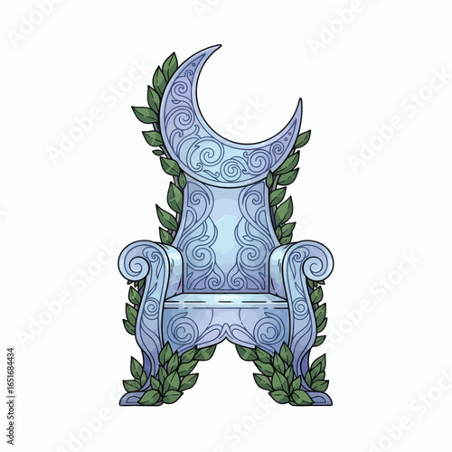 Blue crescent moon throne with green leaves and ornate swirls